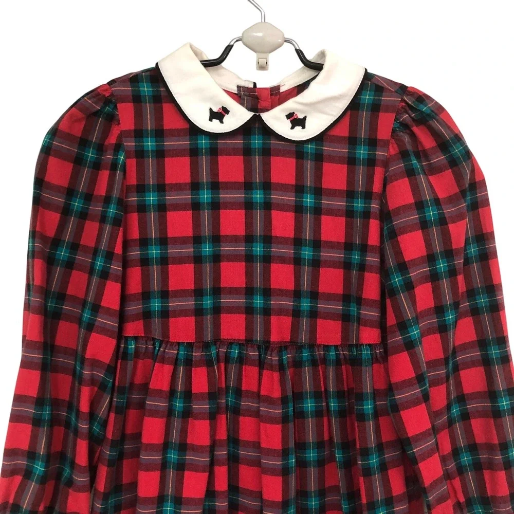 90s Vintage Gymboree Scottie Dog Plaid Holiday Dress Peter Pan Girls XL 5/6